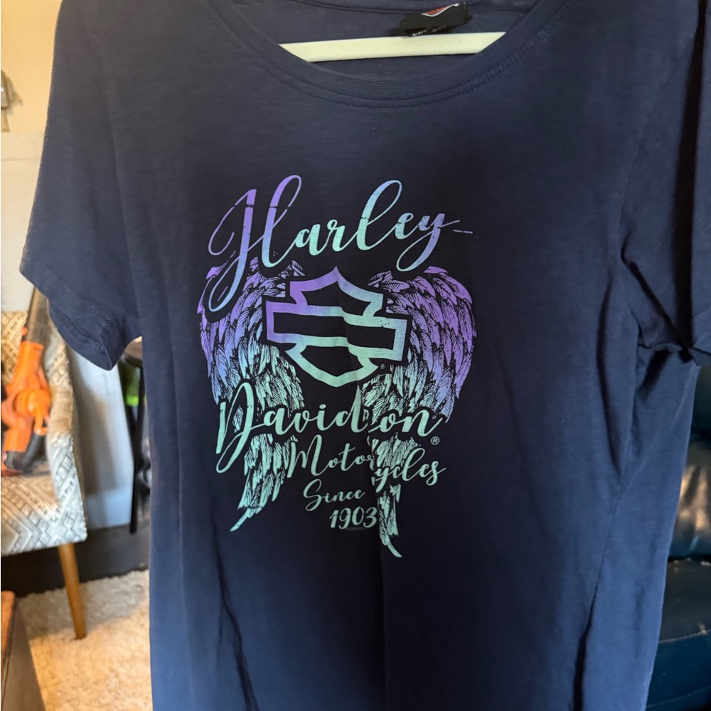Harley-Davidson Dark Blue Tee with Purple and Teal Graphic